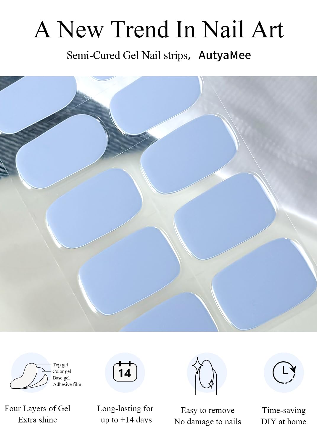 AutyaMee application showing a user pressing a strip on a nail for quick salon finish