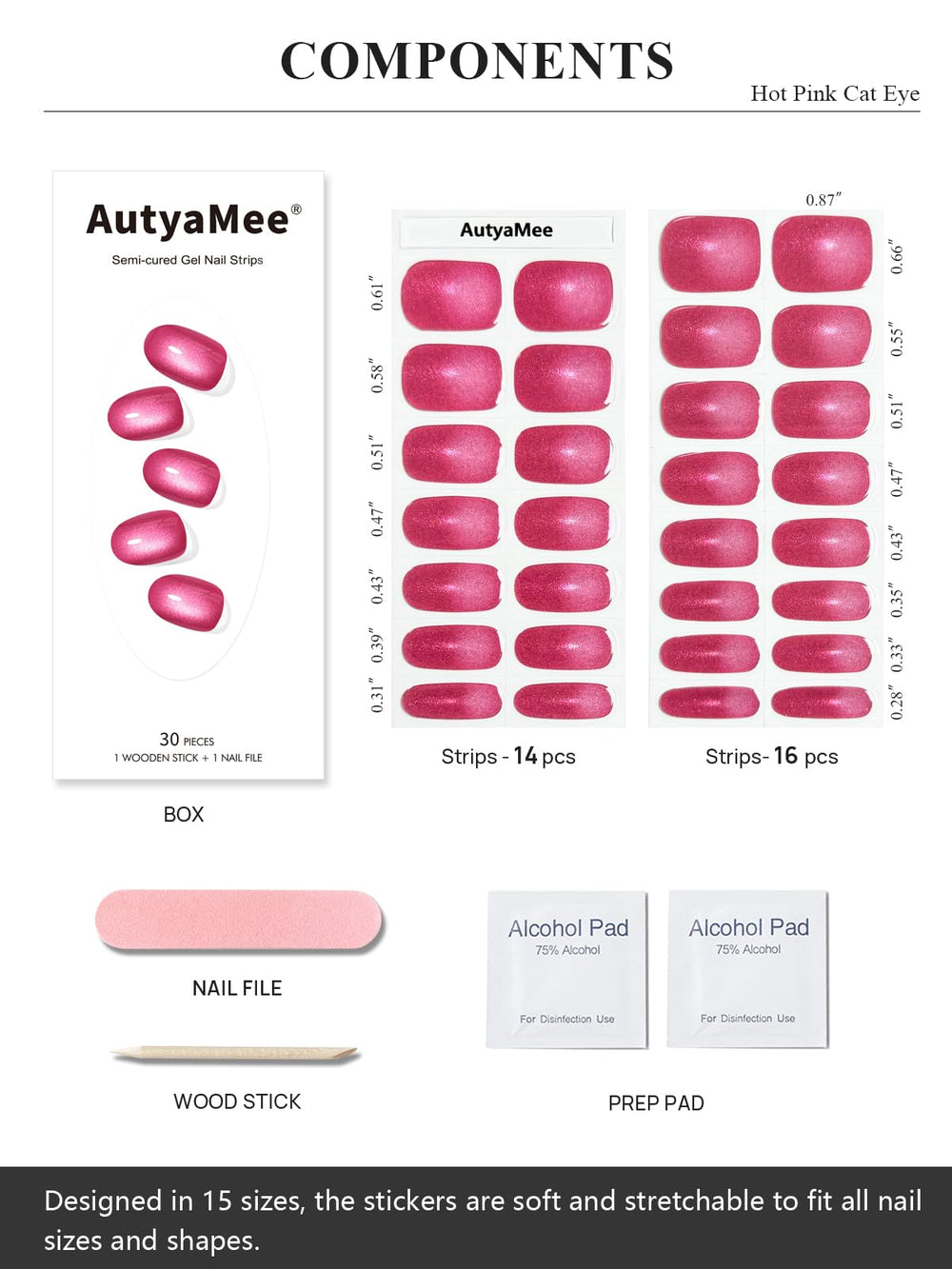 AutyaMee tools and 30 strips laid out, showing included pads file and wooden stick