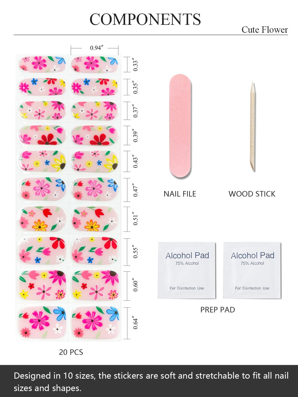 AutyaMee included tools – prep pads file and stick displayed, aids precise application