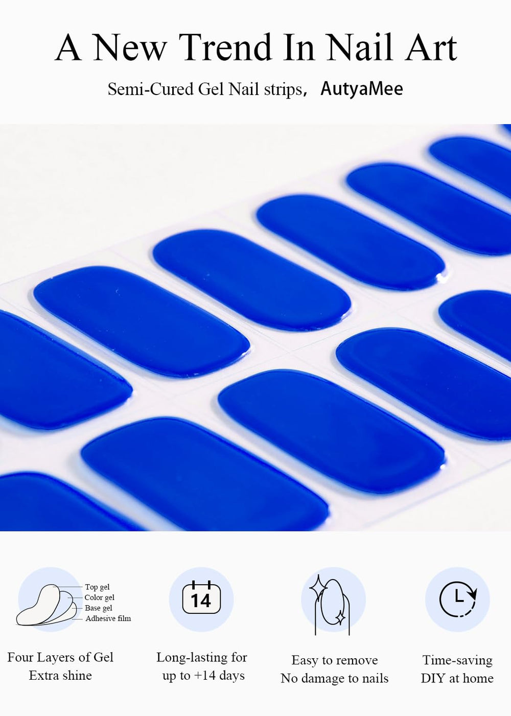 AutyaMee blue strips applied on hands displaying glossy salon finish and durable wear