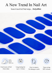 AutyaMee blue strips applied on hands displaying glossy salon finish and durable wear