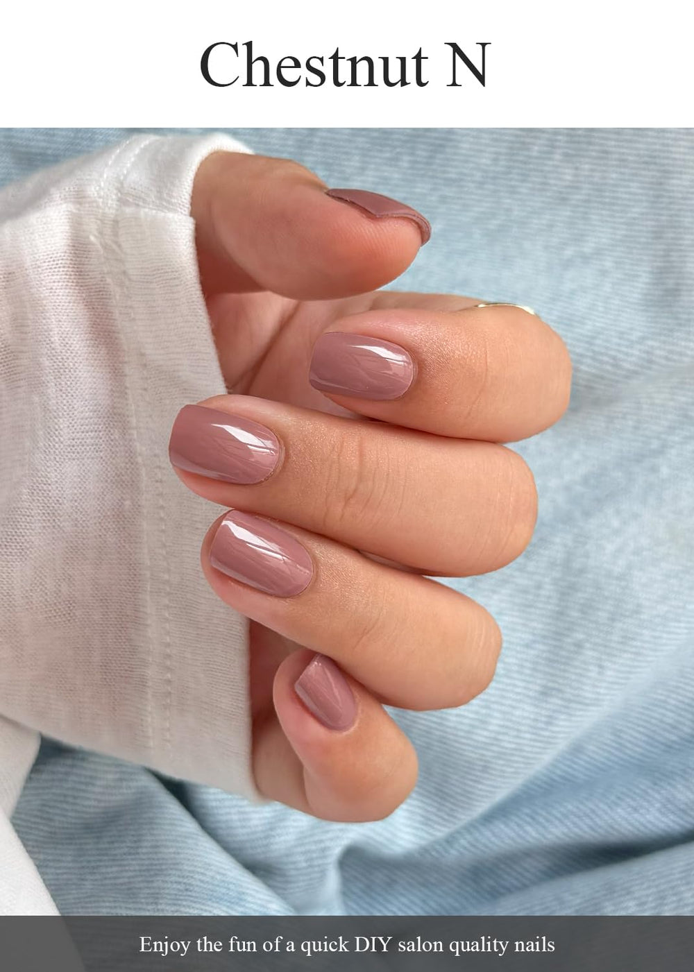 AutyaMee cured Chestnut N nails on hands in lifestyle scene showcasing glossy finish