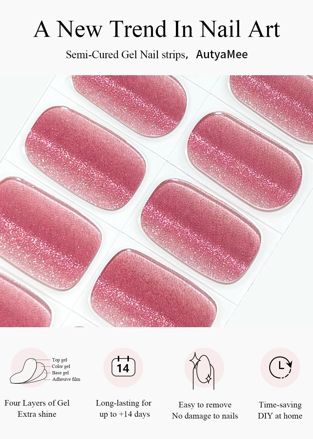 AutyaMee cured strip glossy finish showing salon-quality shine
