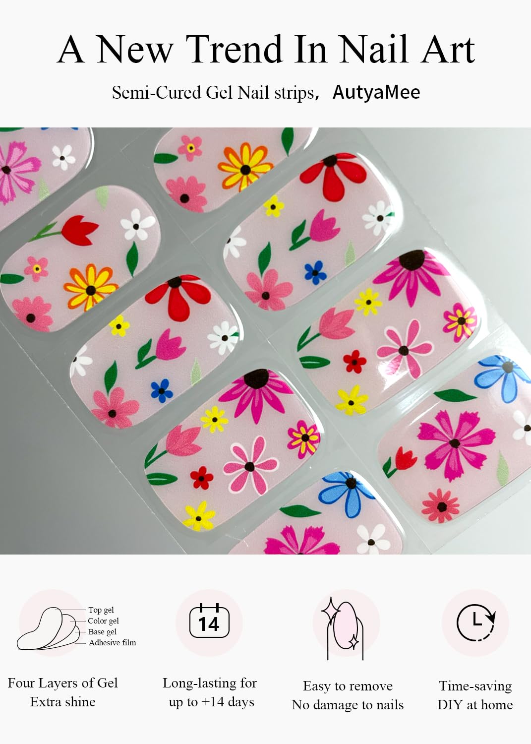 AutyaMee cured nails on a hand wearing pink floral strips, demonstrates salon-quality shine