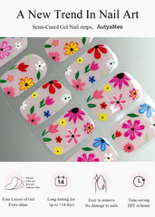 AutyaMee cured nails on a hand wearing pink floral strips, demonstrates salon-quality shine