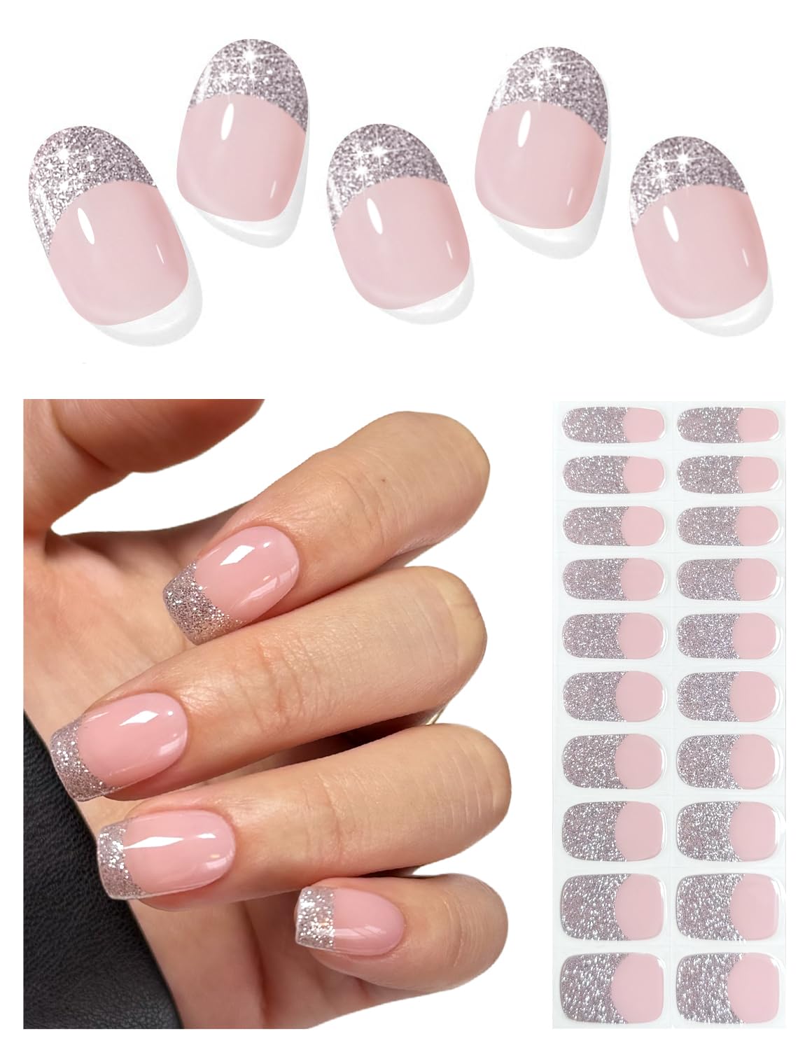 AutyaMee front packaging showing silver glitter French design and included tools for easy use