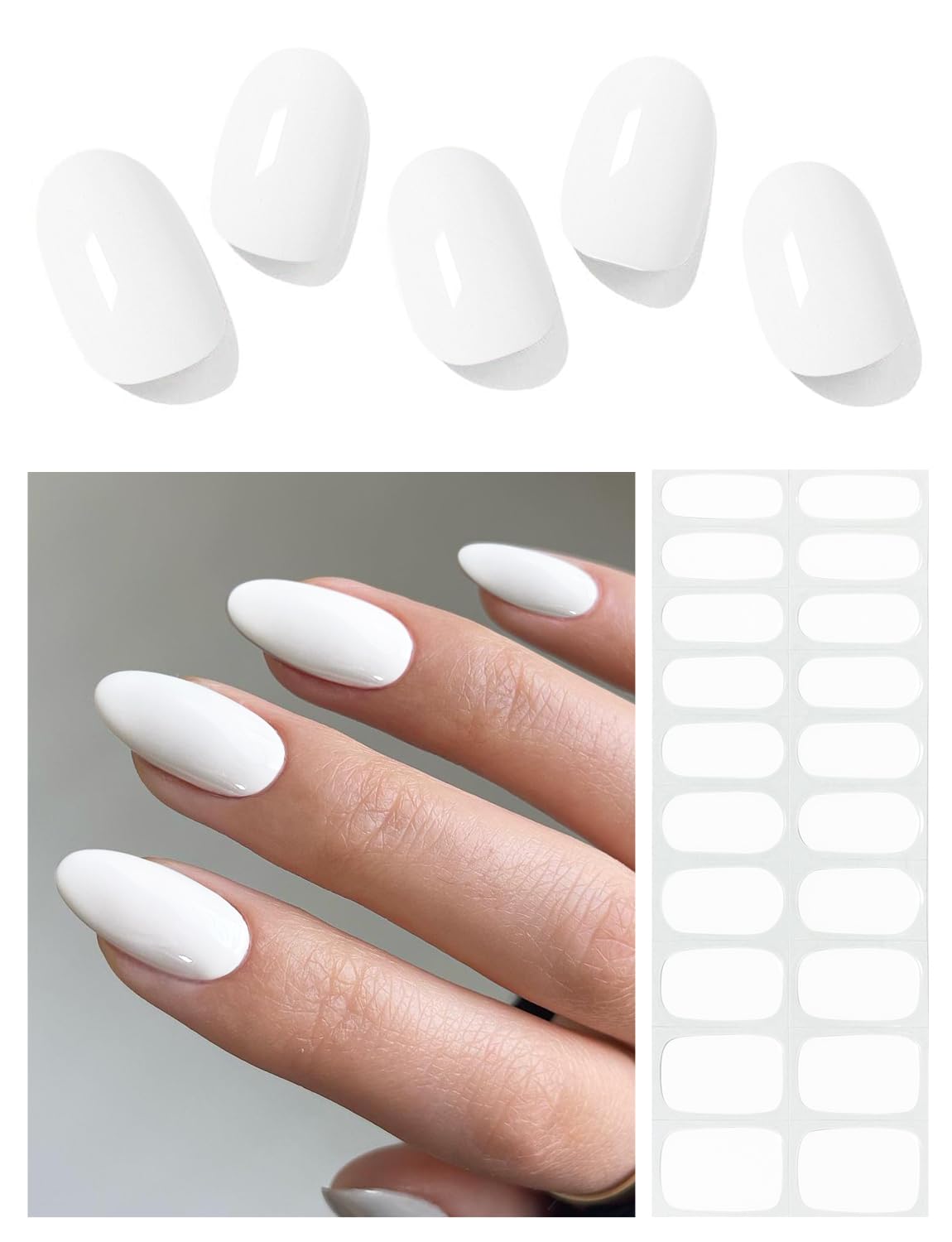 AutyaMee front packaging showing 20 white gel nail strips with tools, clear benefits
