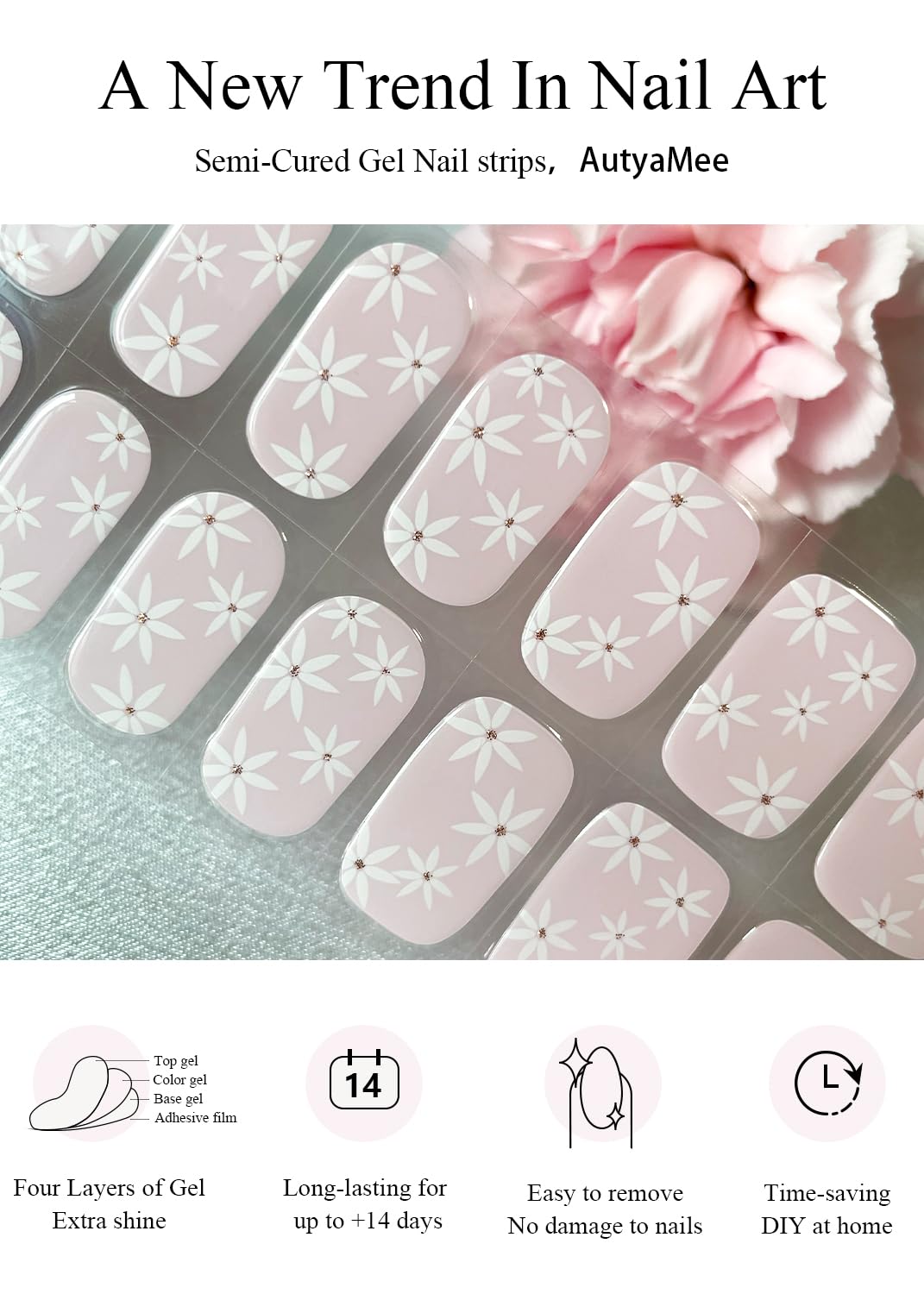 AutyaMee application step with hand pressing strip onto nail offering easy at-home application