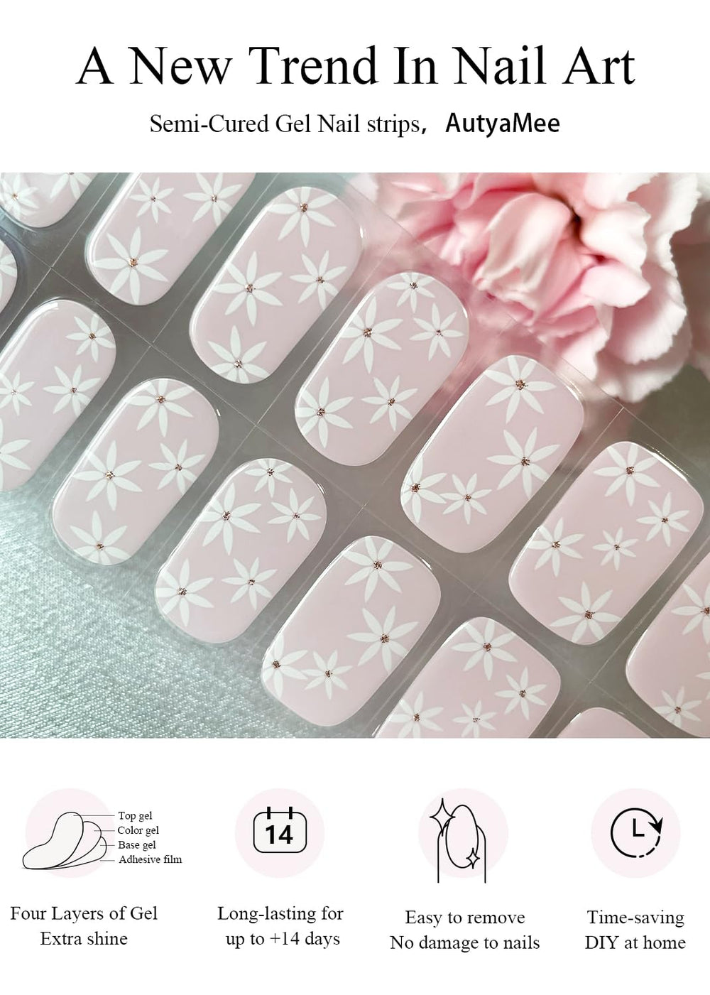AutyaMee application step with hand pressing strip onto nail offering easy at-home application