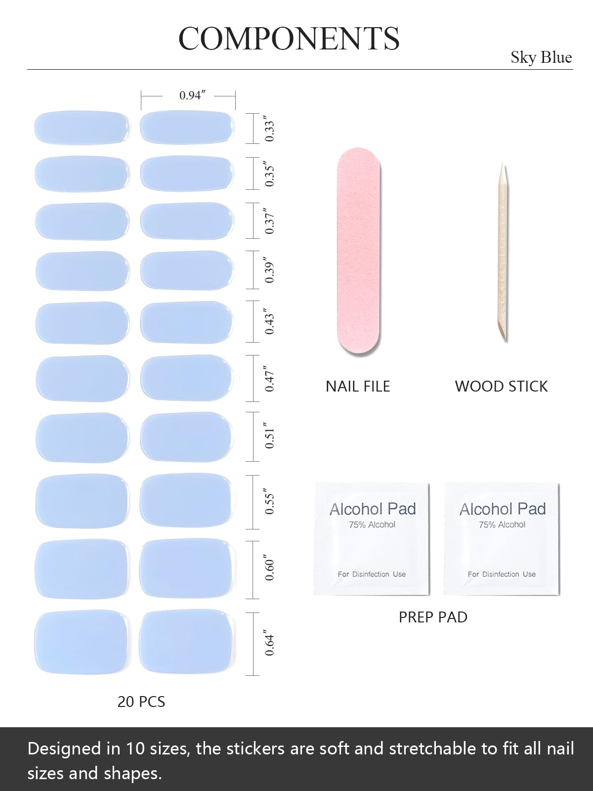 AutyaMee kit contents laid out including strips, prep pads, file and wooden stick for complete application