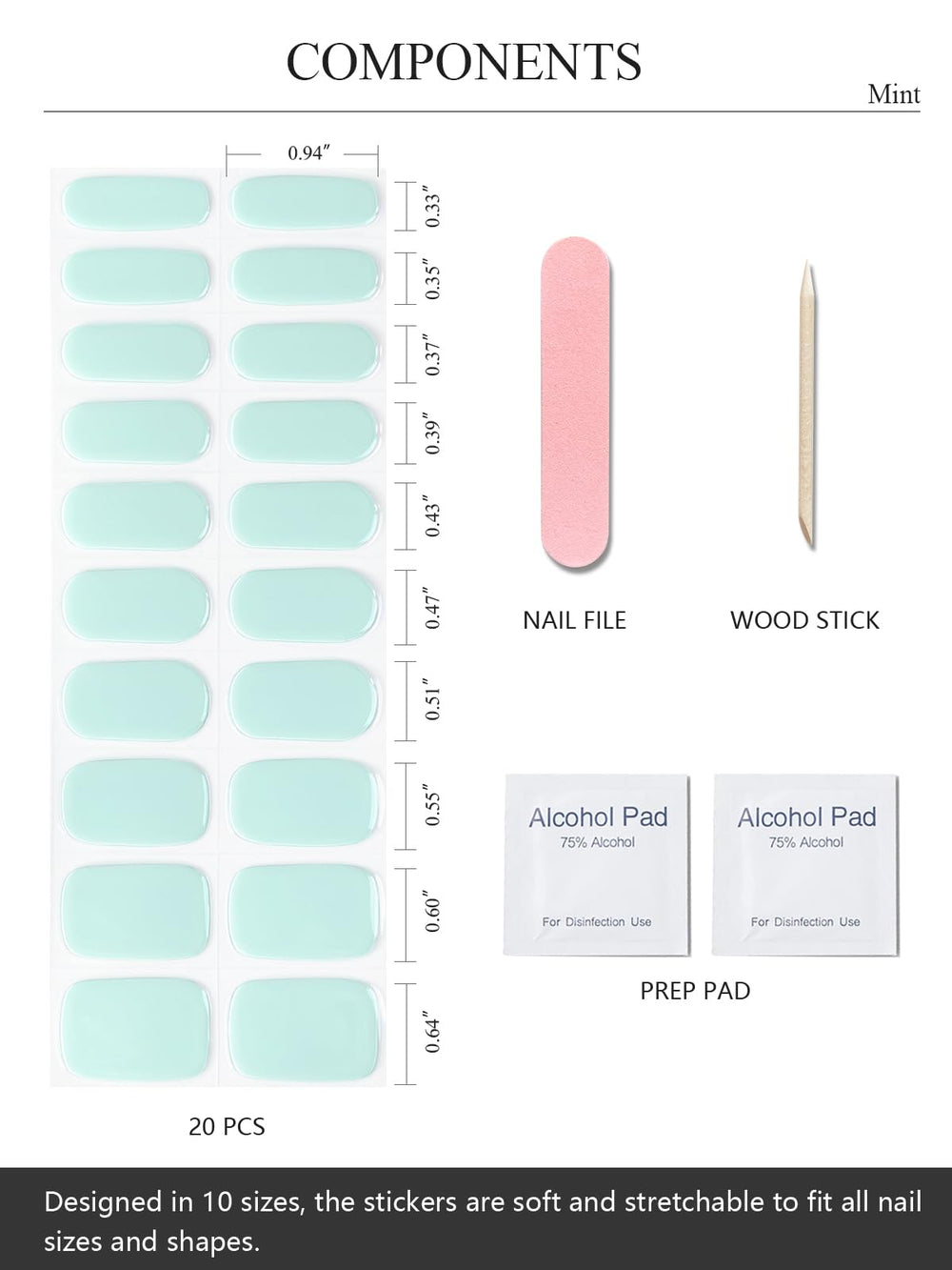 AutyaMee mint kit tools image showing prep pads file stick for easy application