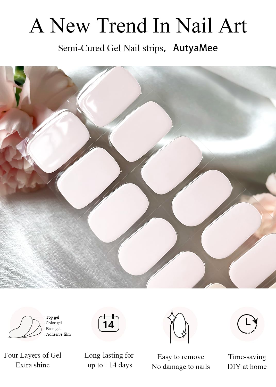 AutyaMee strip applied on a nail being cured showing smooth finish benefit