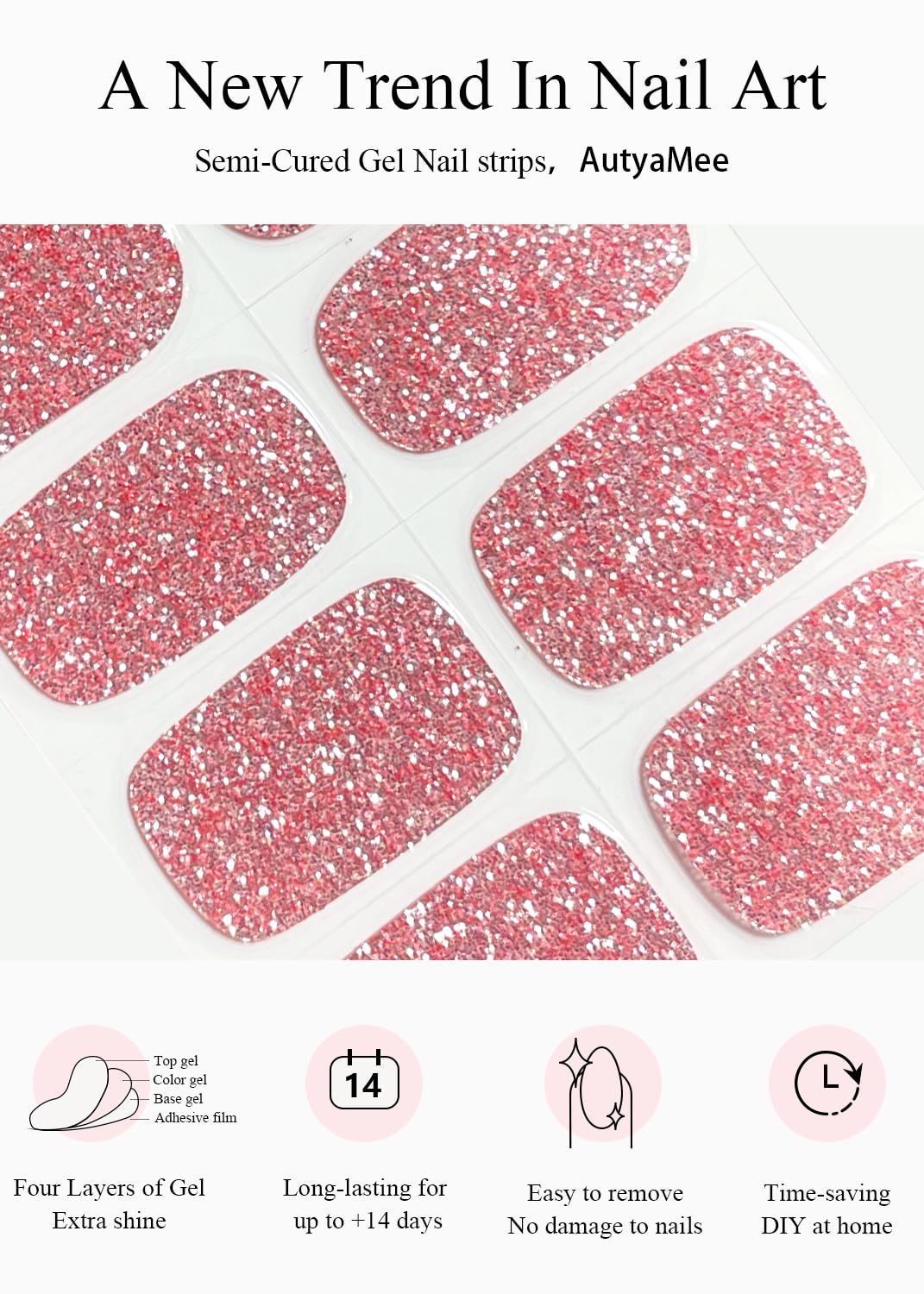 AutyaMee close-up of semi-cured gel strip layers showing texture and easy shaping benefit