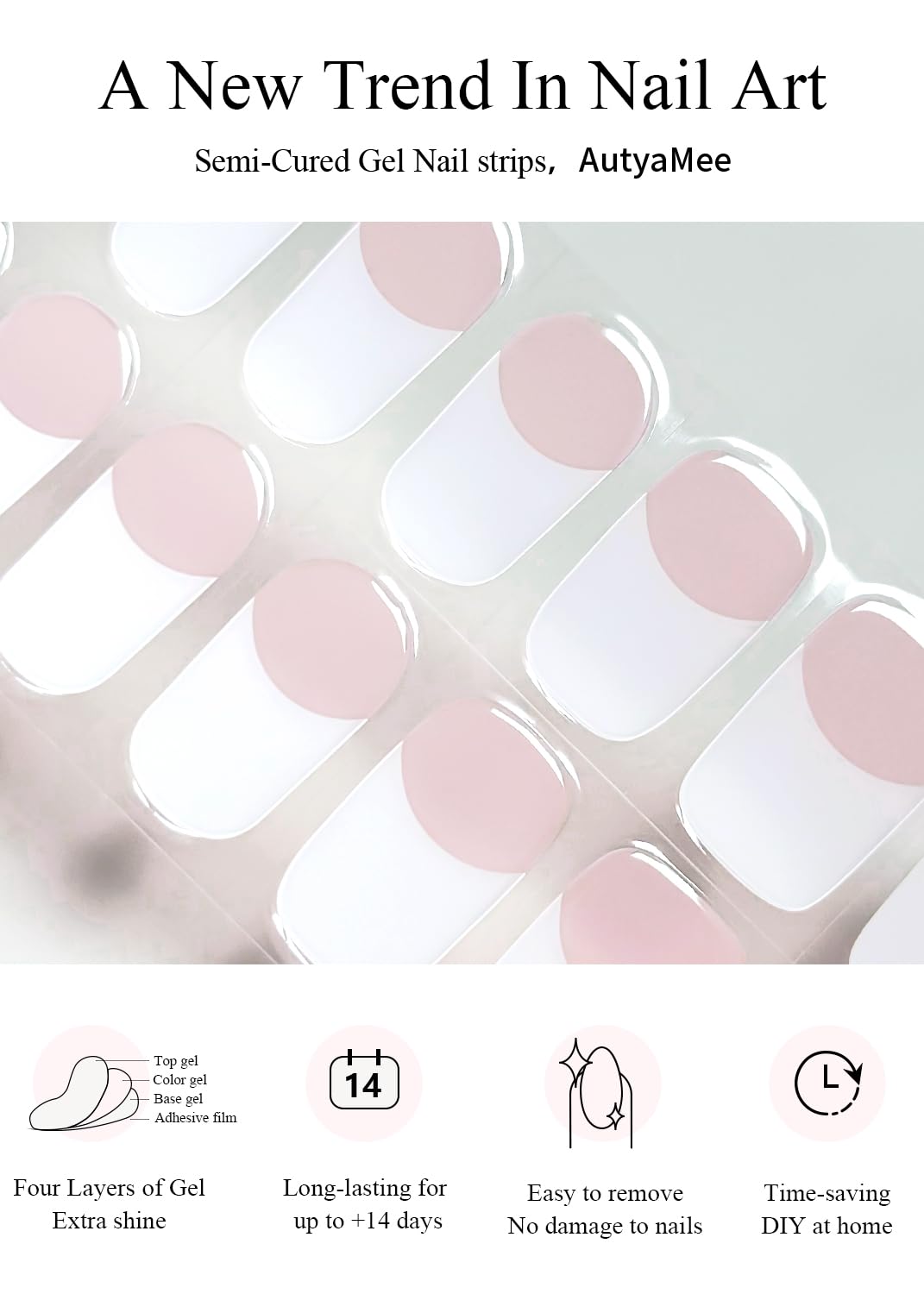 AutyaMee strip applied on short natural nail demonstrating neat coverage and secure adhesion