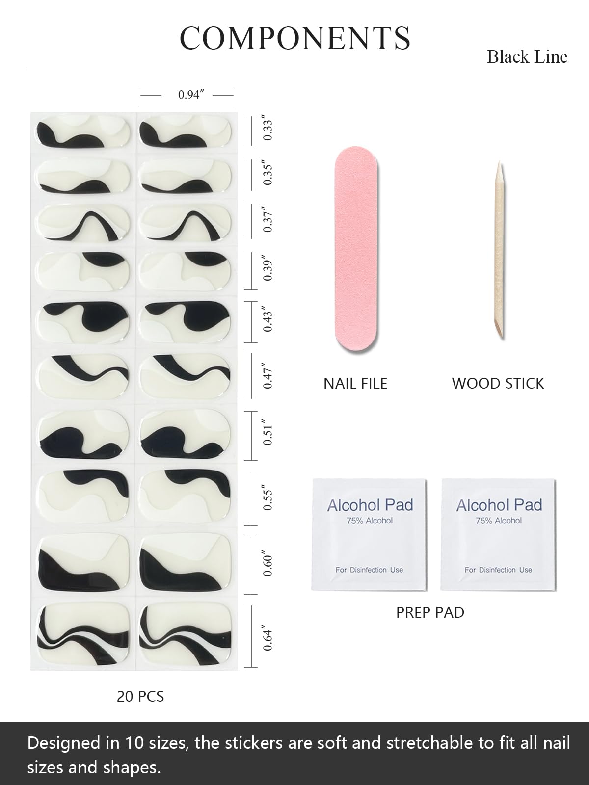 AutyaMee layout of 20 gel strips in ten sizes, shows fit variety for nails