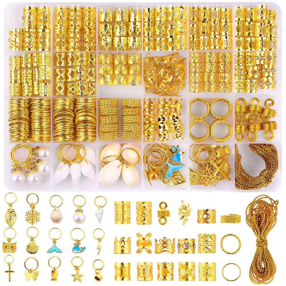 Auvitaya front packaging showing full 300-piece gold hair jewelry kit benefits variety