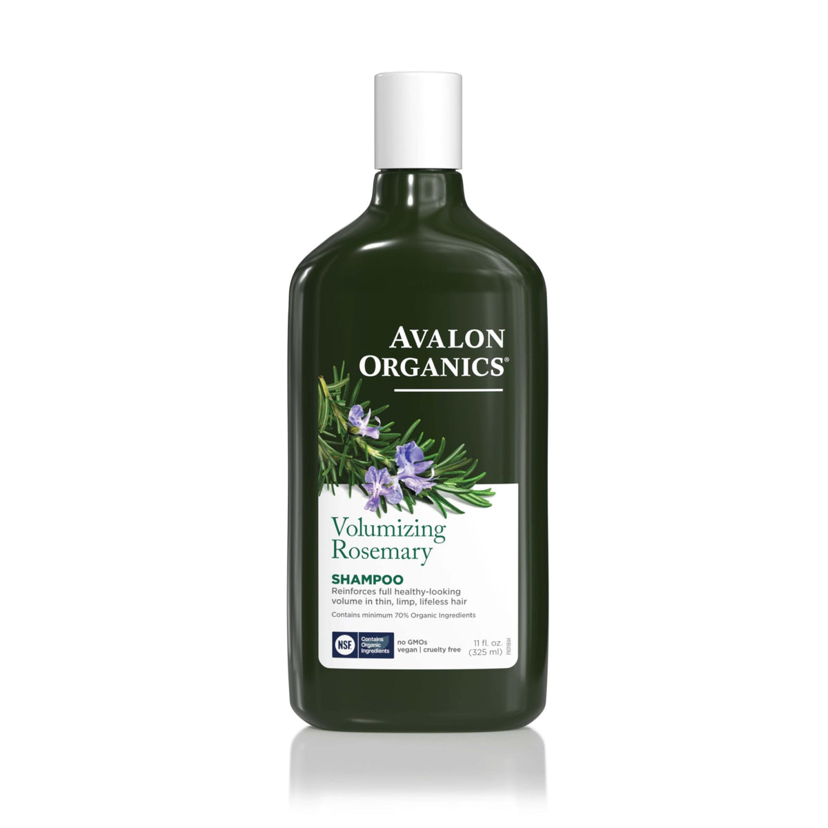 Avalon Organics front label showing volumizing rosemary and certification benefits