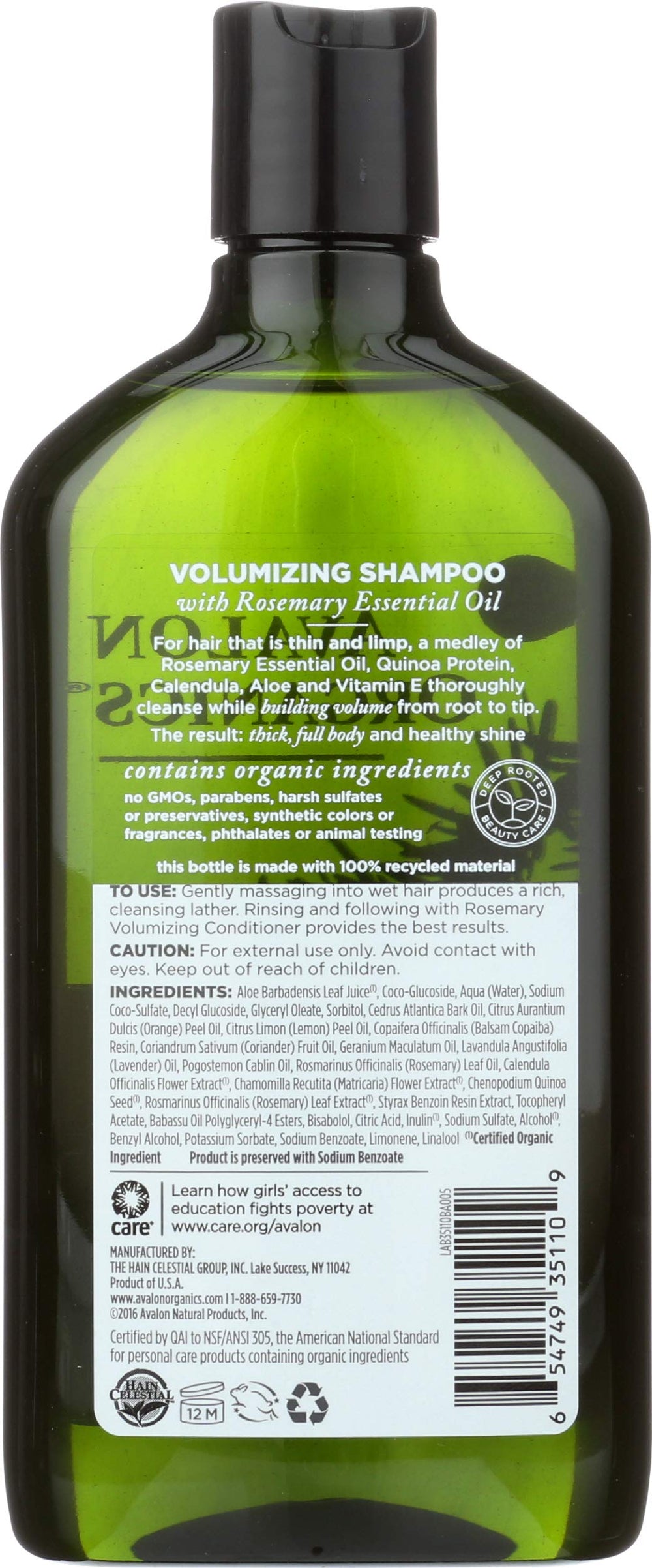 Avalon Organics back label close-up displaying ingredients and clean formula
