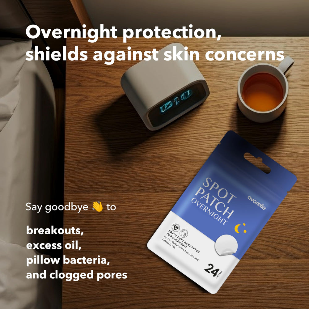 AVARELLE patch applied on skin at night protecting blemish and promoting healing