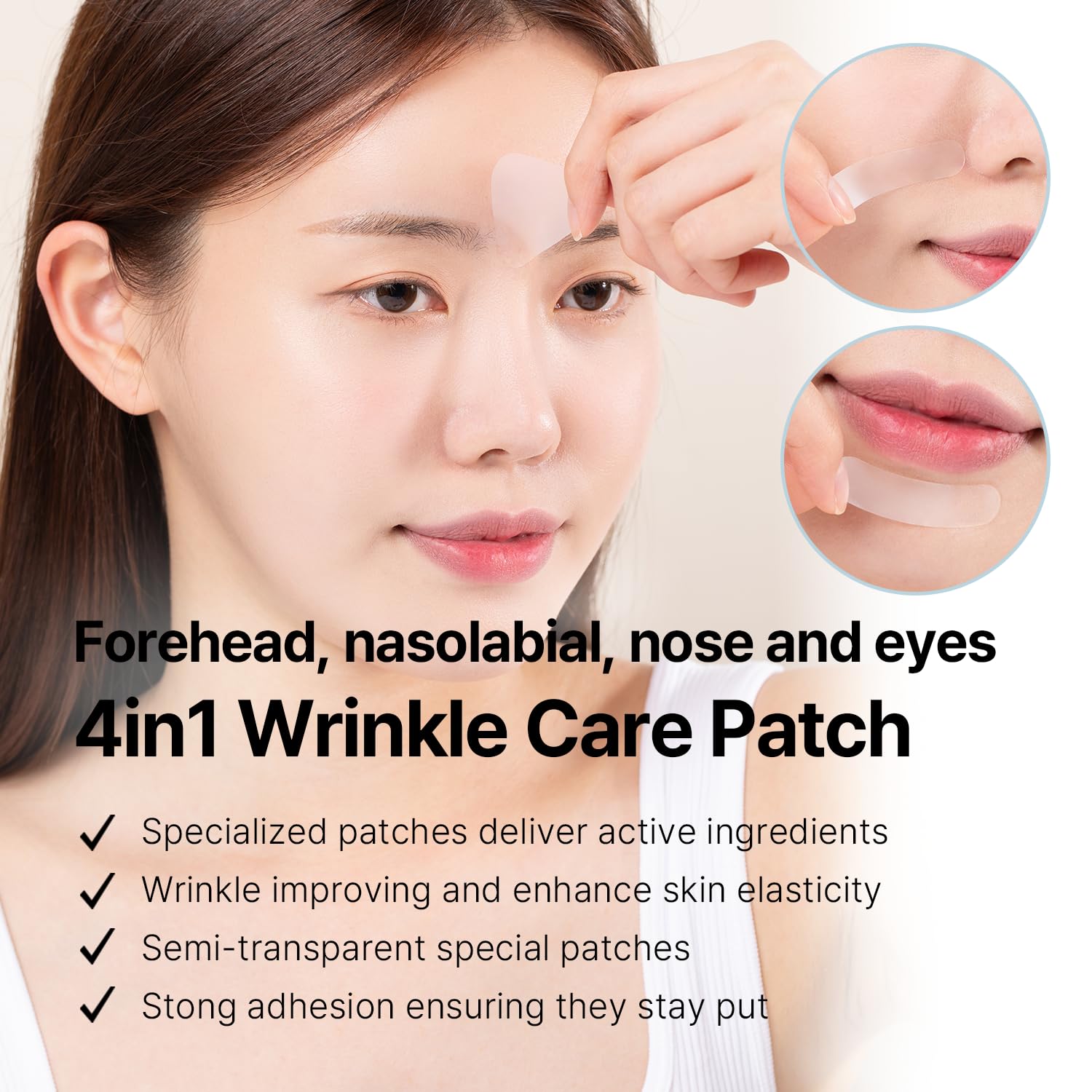 AVCA patch applied to forehead demonstrating smoothing benefit
