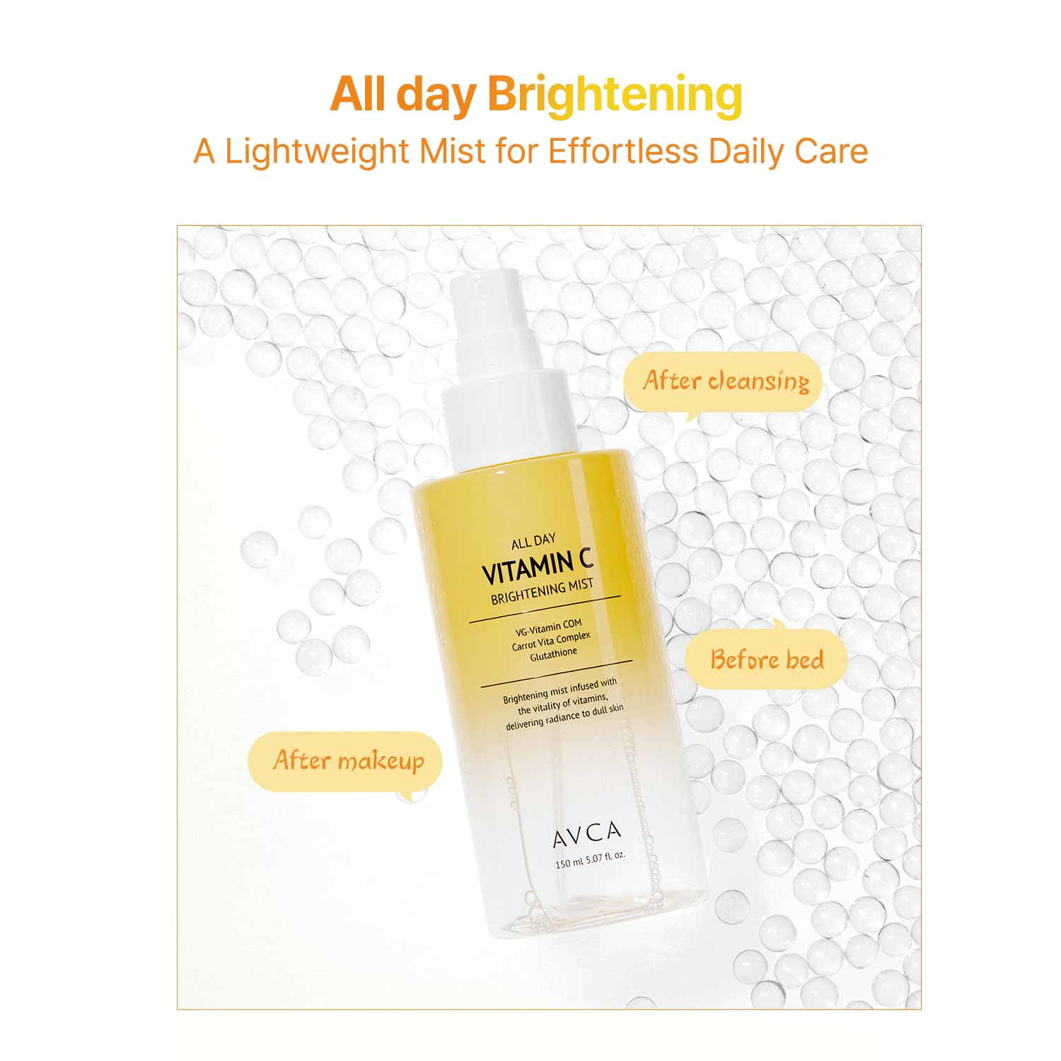 AVCA mist droplets on skin texture showing lightweight hydration and visible dewy finish