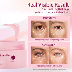 AveCera patch applied under eye demonstrating immediate de-puffing effect