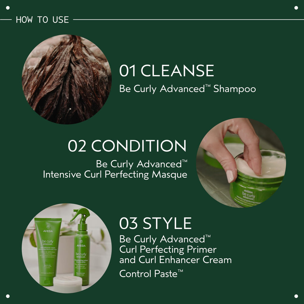 Aveda Be Curly smoothed into damp curly hair, illustrates easier detangling and shaping