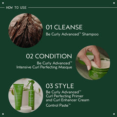 Aveda Be Curly smoothed into damp curly hair, illustrates easier detangling and shaping