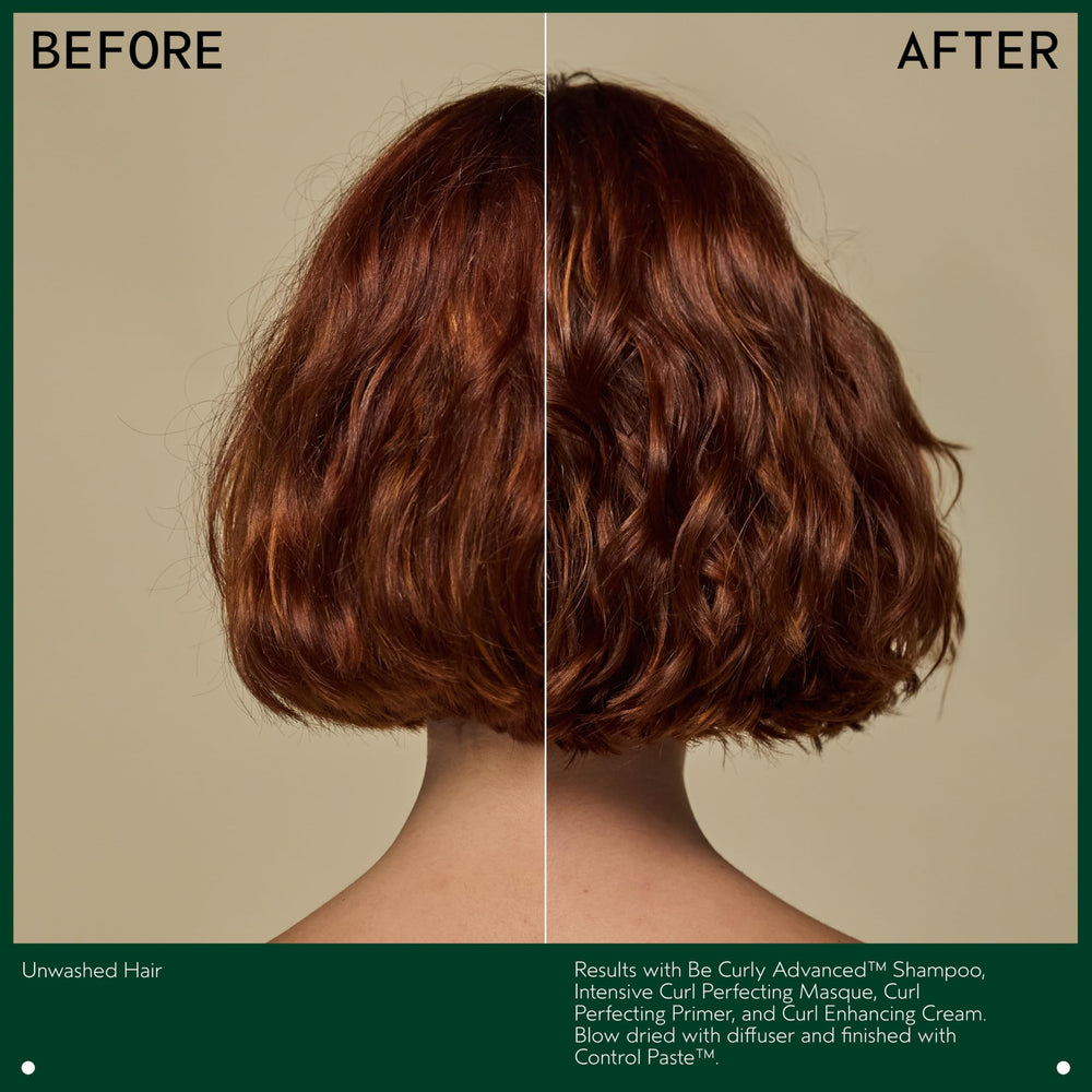Aveda Be Curly used with diffuser on curly hair, shows enhanced curl definition benefit