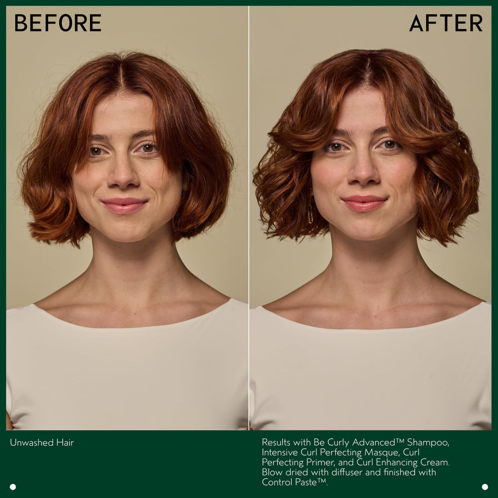 Aveda Be Curly bottle in hand showing scale and travel-friendly size