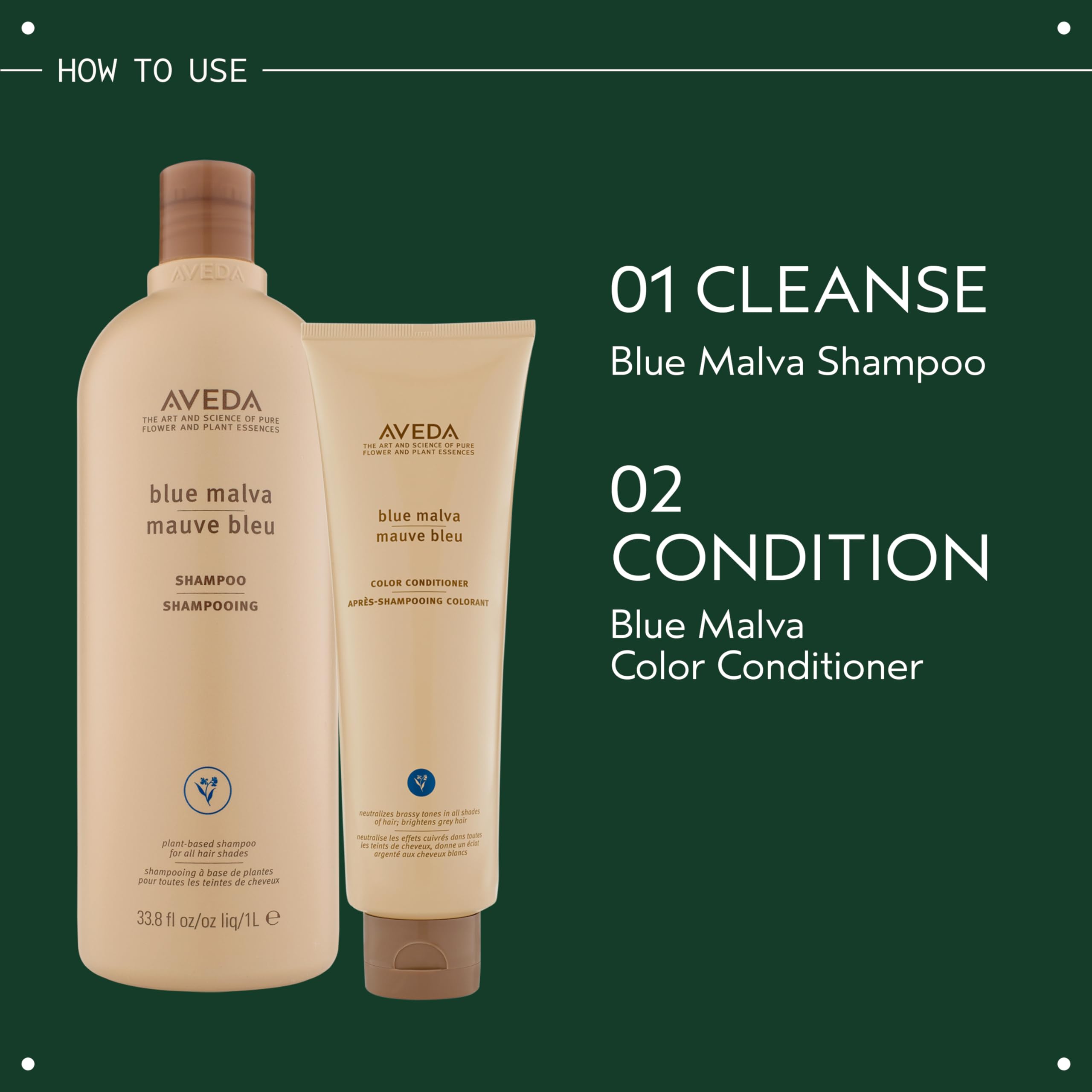 Close-up of Aveda Blue Malva ingredient label showing blue malva and coneflower botanicals