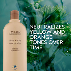 Aveda Blue Malva liter size label highlighting natural ingredients and use