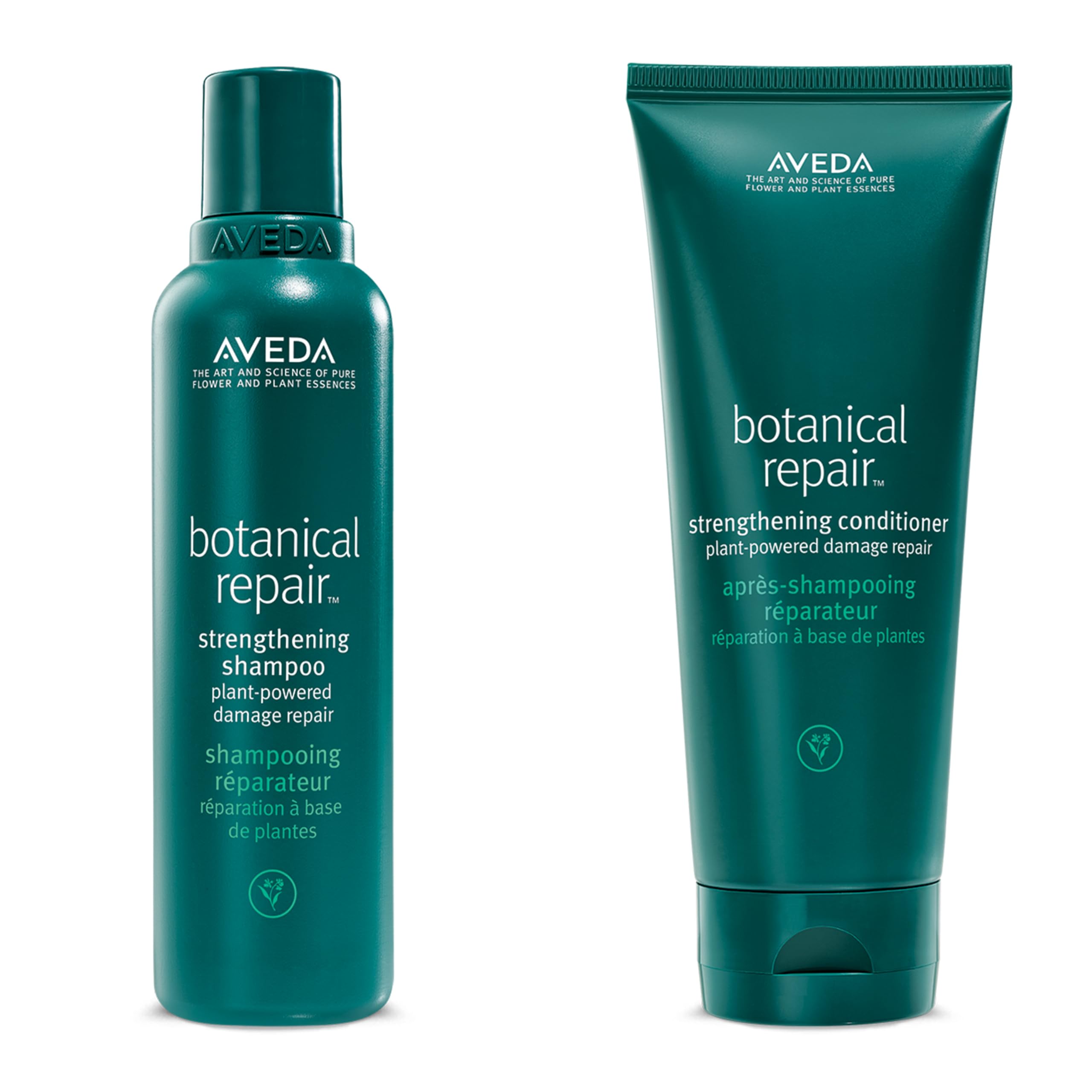 Aveda duo front packaging showing product benefits and bond-building