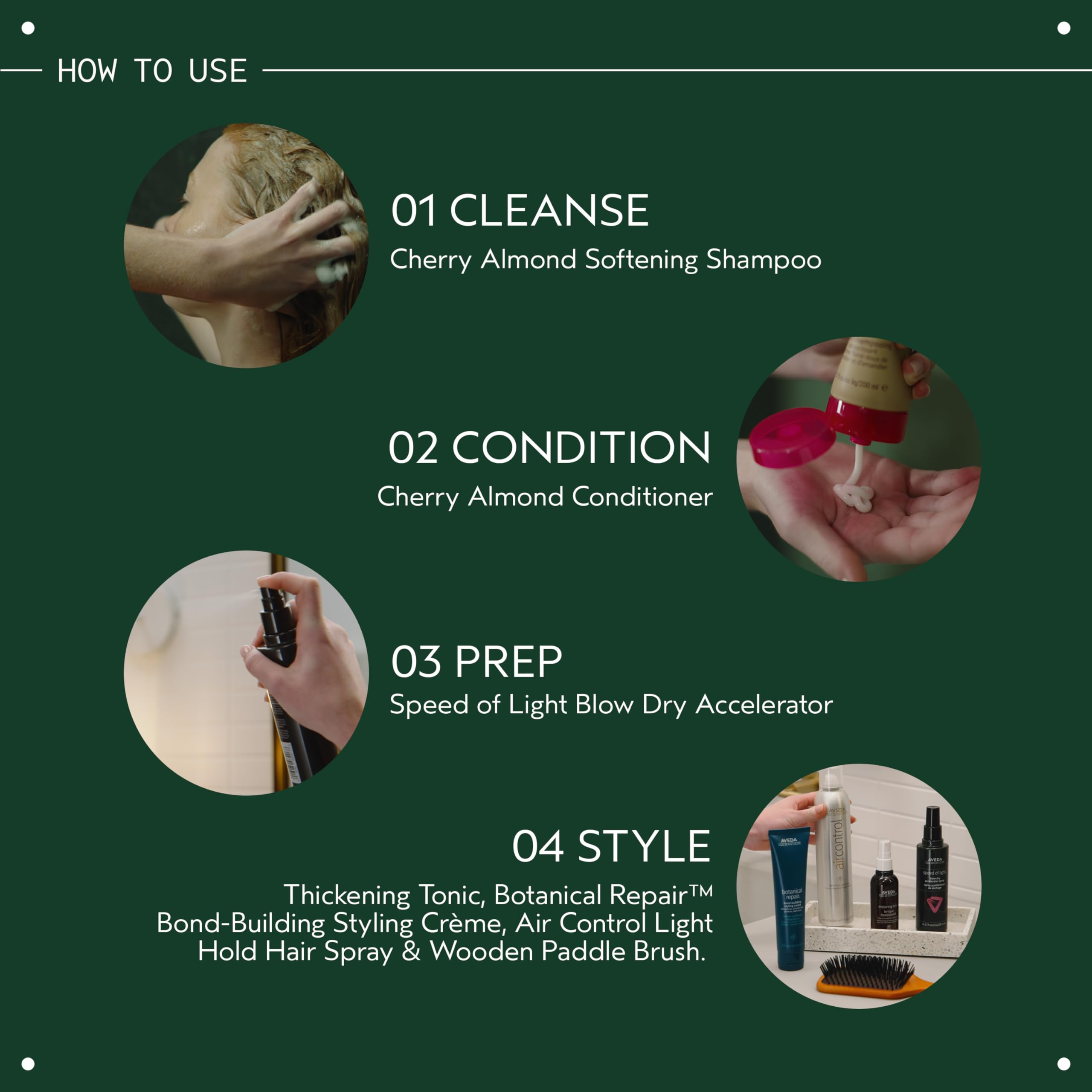 Side-by-side hair before and after using Aveda showing smoother, stronger hair