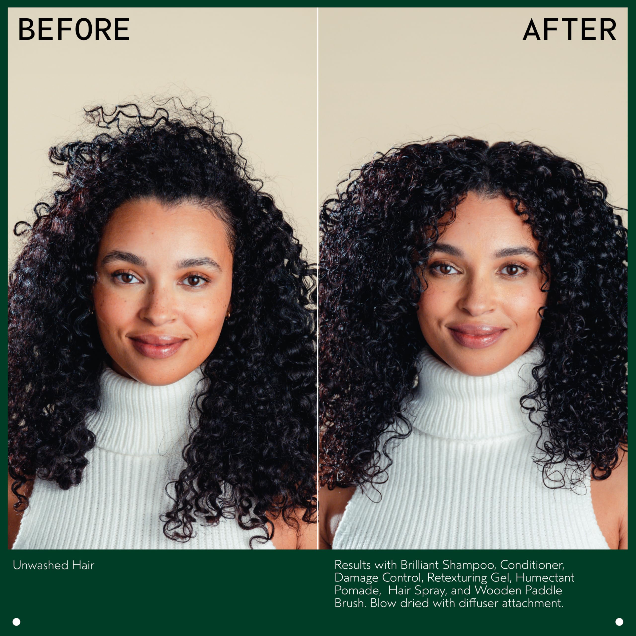 Model with defined curls after Aveda pomade use showing enhanced curl definition