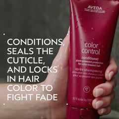 Aveda Color Control Conditioner back label highlighting plant-based ingredients and benefits