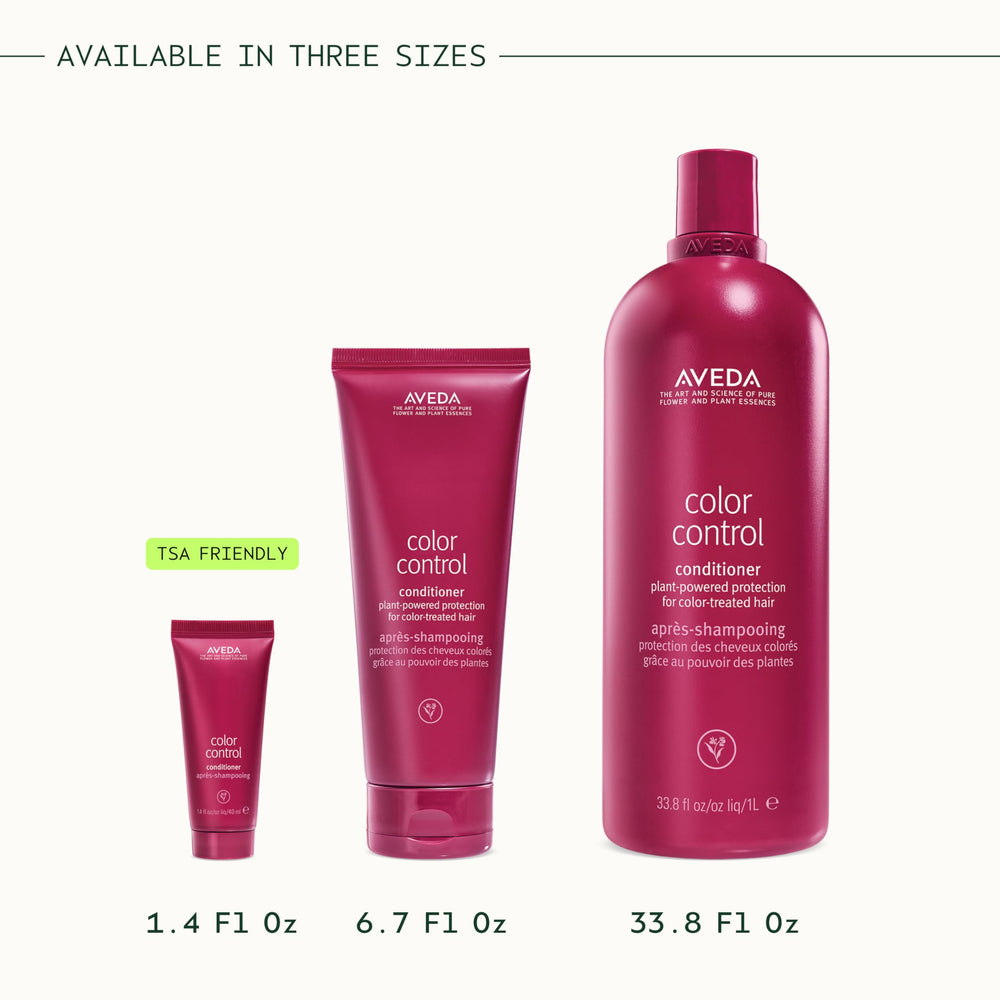 Aveda Color Control Conditioner on bathroom shelf with plants showing natural ingredient benefit