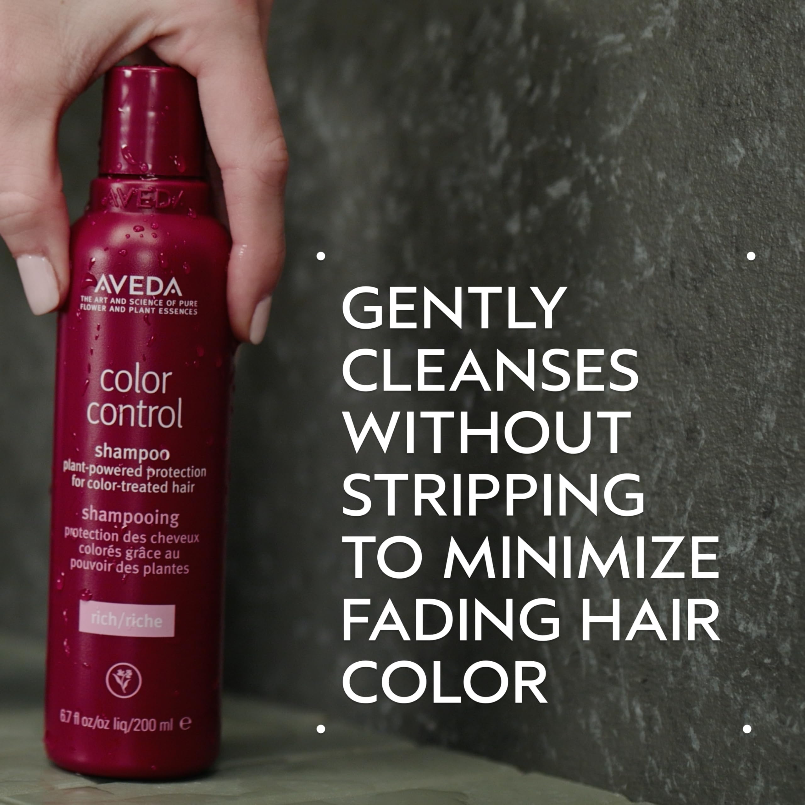 Aveda Color Control Rich Shampoo side label highlighting usage and ingredients benefit