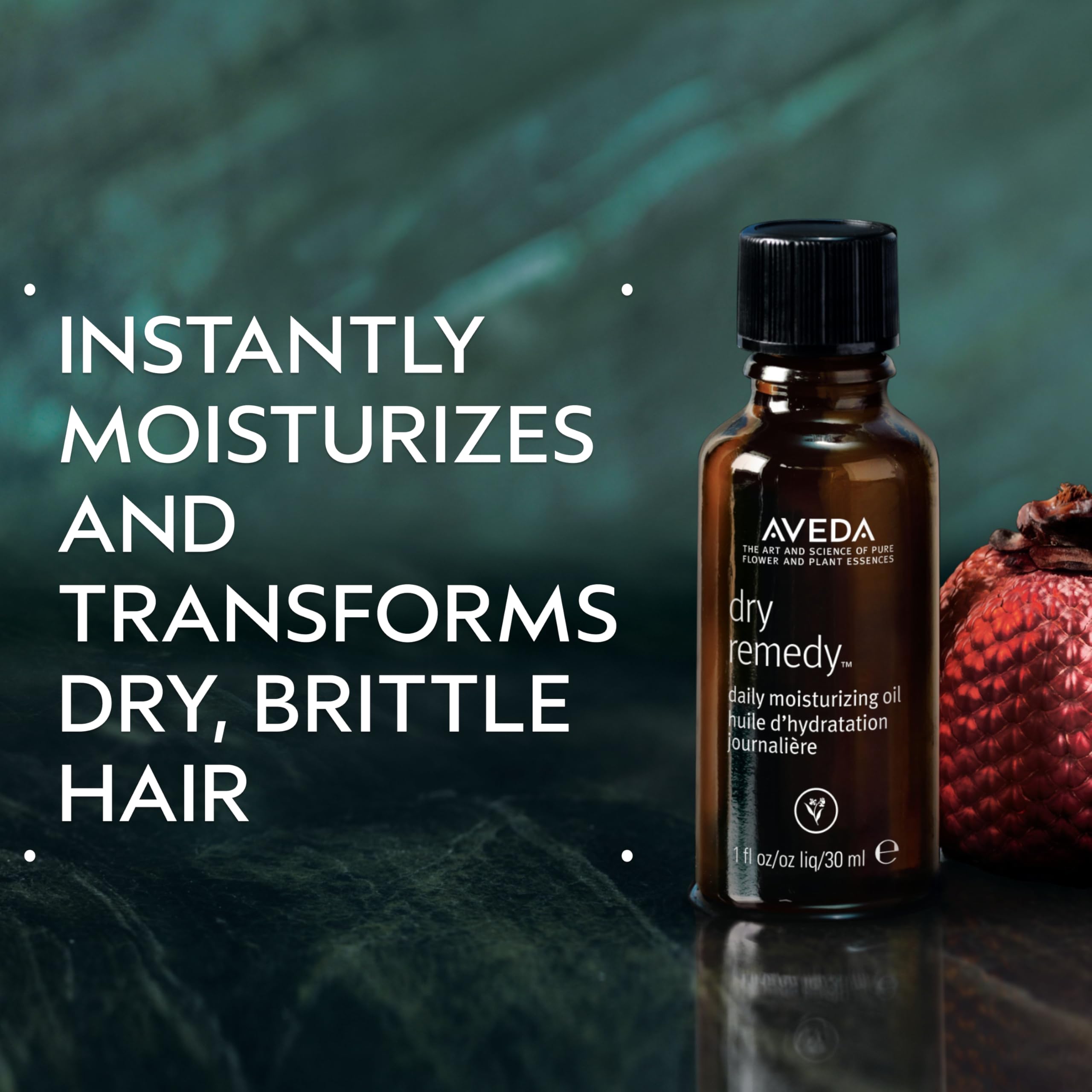 Aveda close-up of pump and label highlighting ingredient transparency and benefits