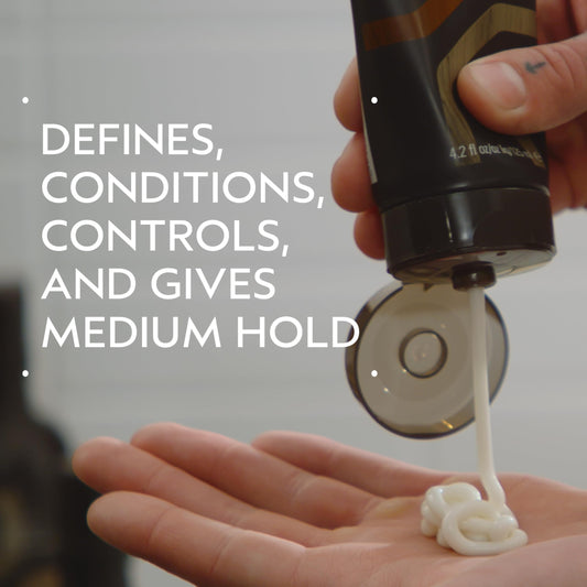Aveda grooming cream texture close-up highlighting lightweight, blendable cream