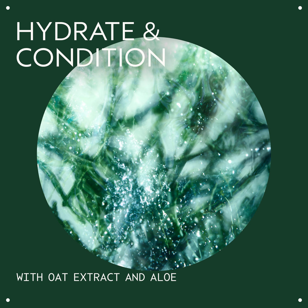 Aveda oat extract and aloe depiction, emphasizes calming botanical hydration