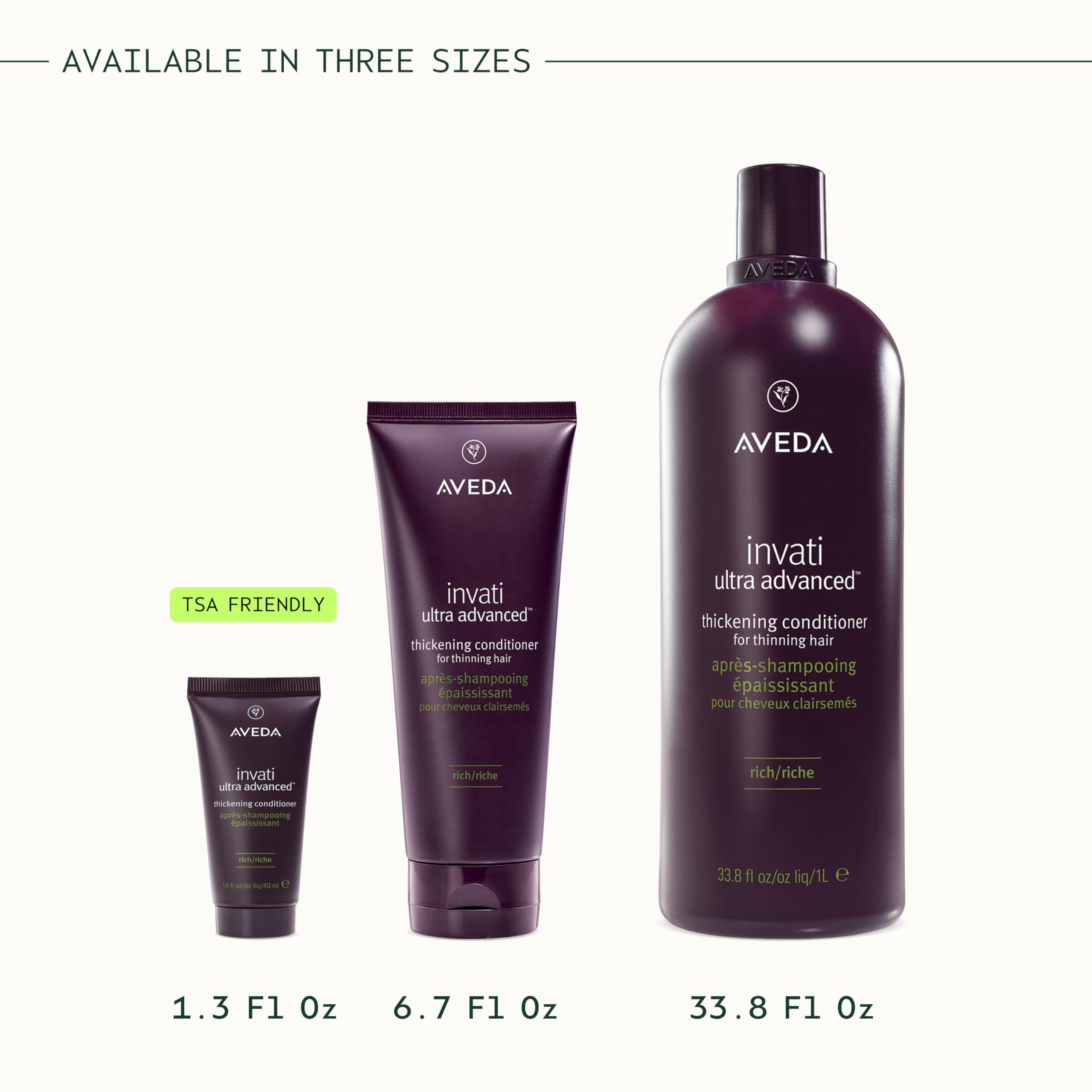 Aveda Invati Ultra Rich conditioner bottle next to a hand to show 6.7 fl oz scale