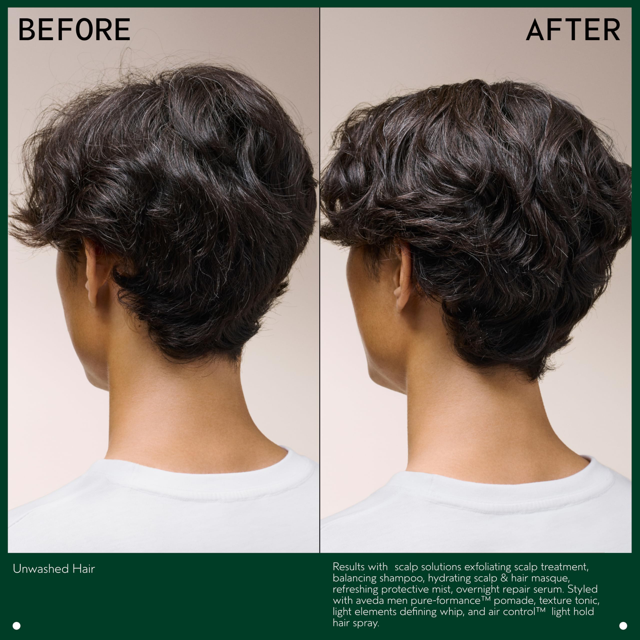 model with styled short hair using Aveda pomade, illustrates defined, non-greasy hold