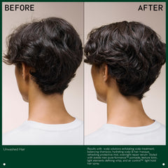 model with styled short hair using Aveda pomade, illustrates defined, non-greasy hold
