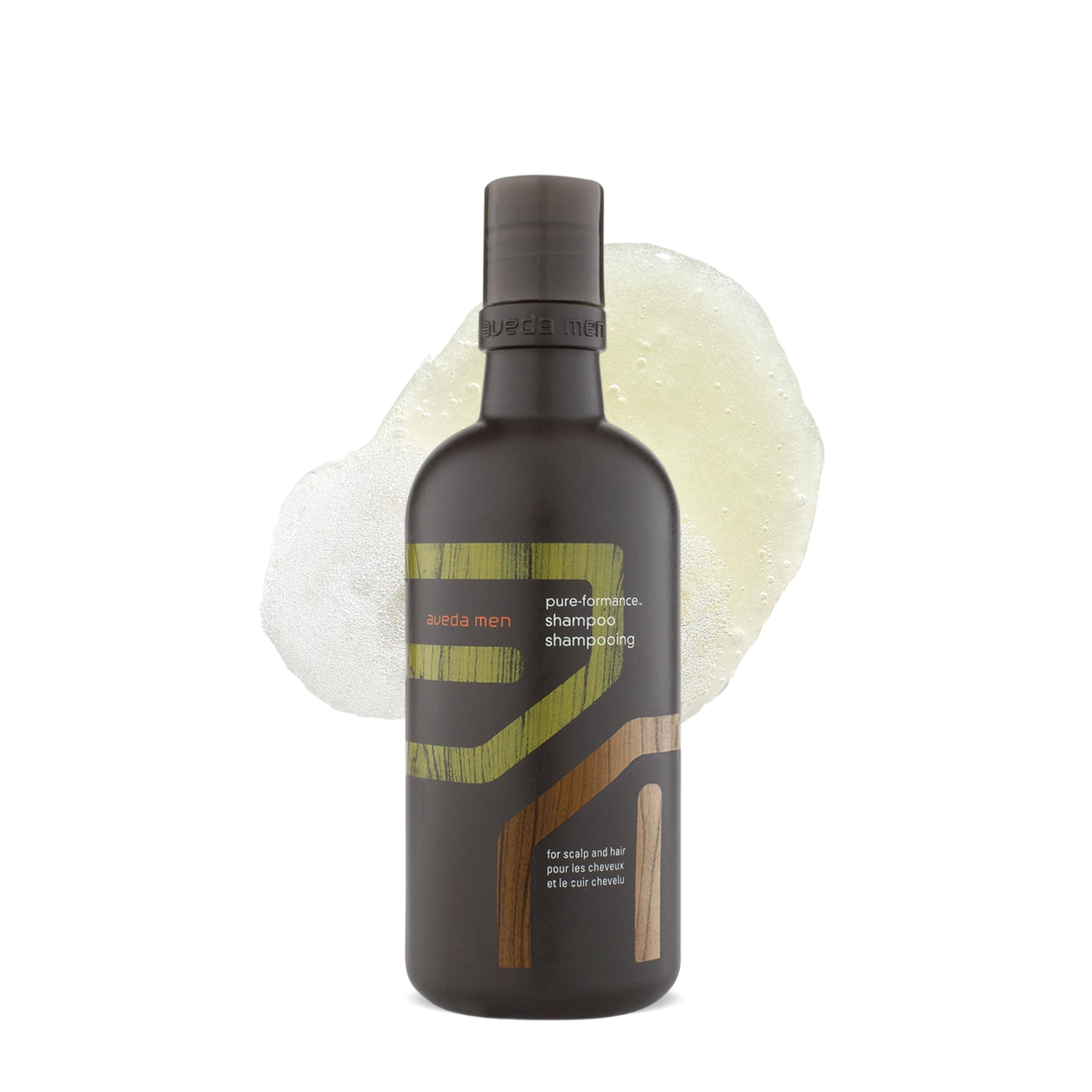 Aveda Men Pure-Formance shampoo front bottle showing brand and clean design benefits