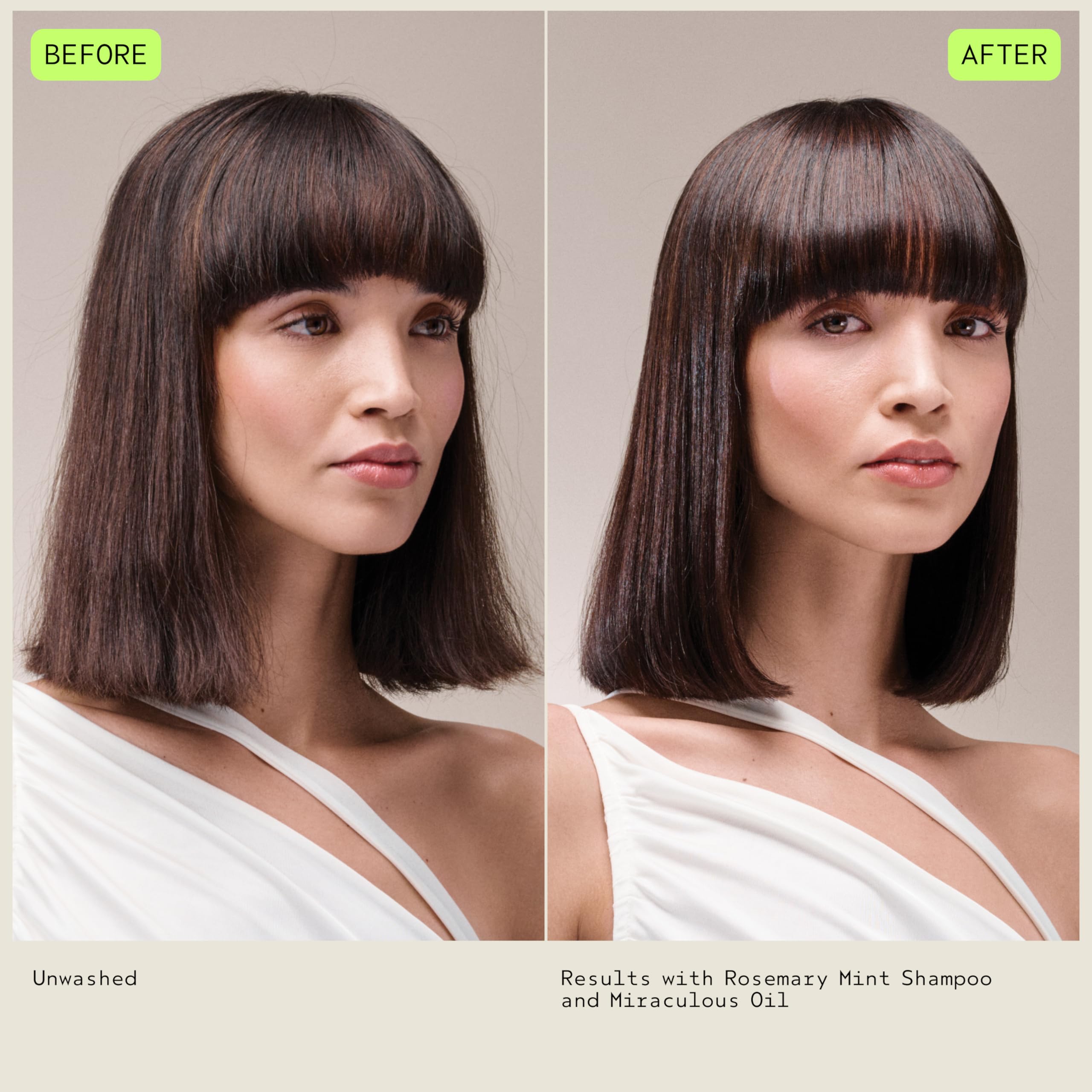 Aveda Miraculous Oil before and after hair comparison showing smoother shine