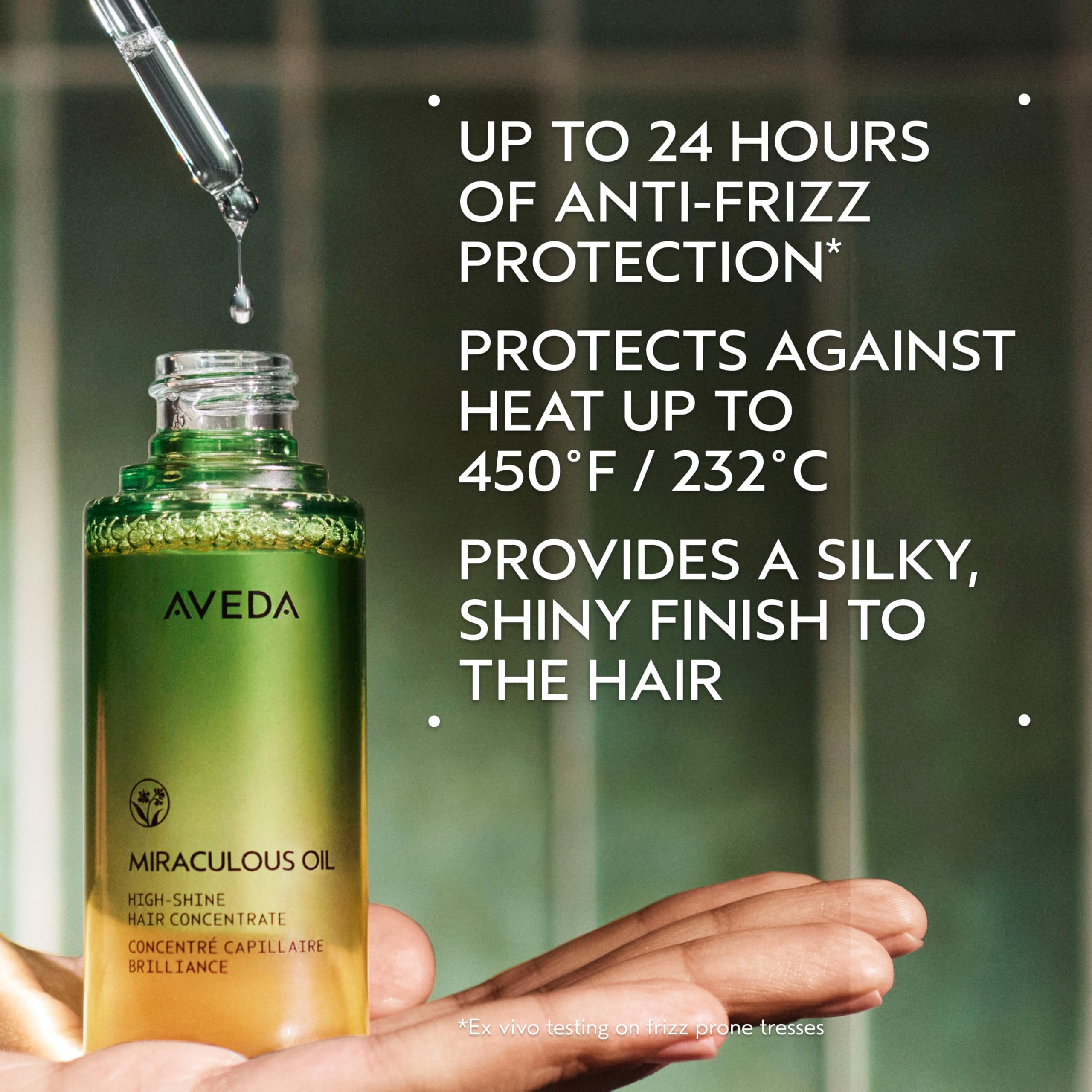 Aveda Miraculous Oil texture droplet showing lightweight shine-enhancing formula