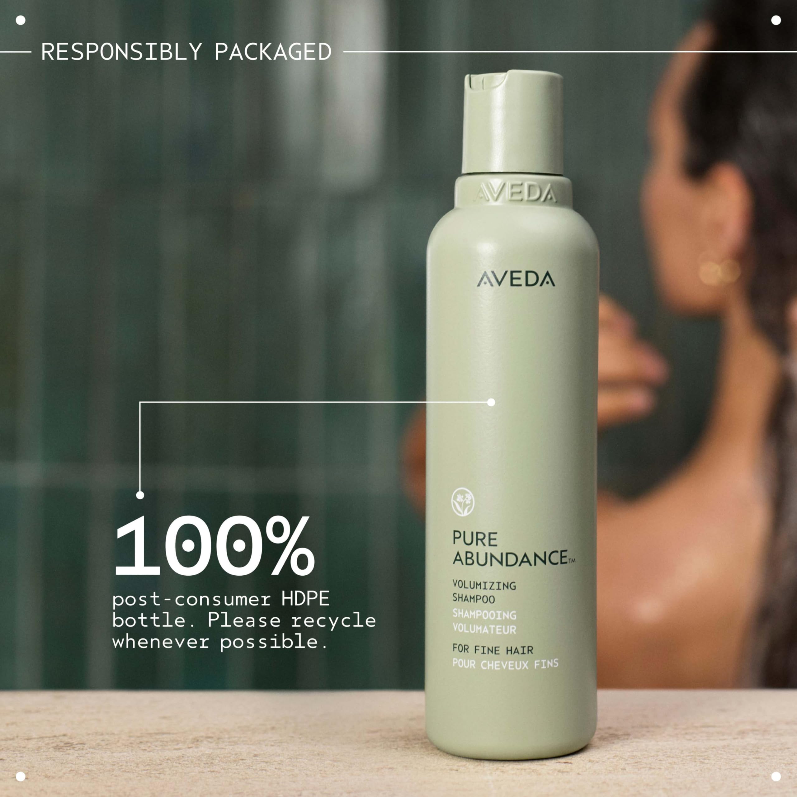 Aveda pure abundance step-by-step usage showing massage, rinse, repeat benefit