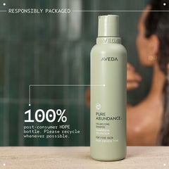 Aveda pure abundance step-by-step usage showing massage, rinse, repeat benefit