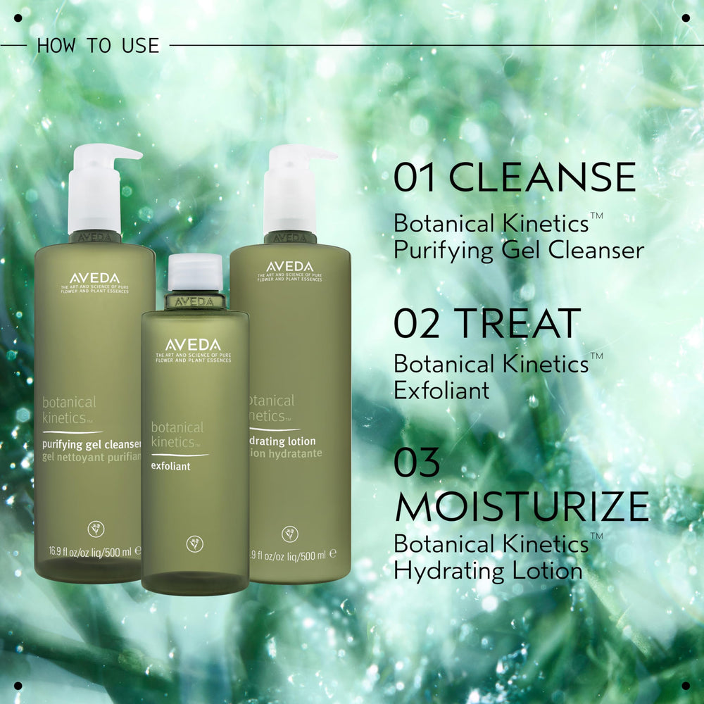 Aveda purifying gel cleanser beside ruler for scale showing compact 5 fl oz travel-friendly size